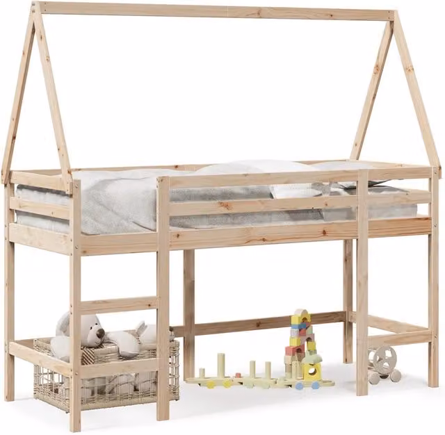 Letto singolo | Letto per adulti | Letto Soppalco con Scala e Tetto 80x200 cm Legno Massello Pino