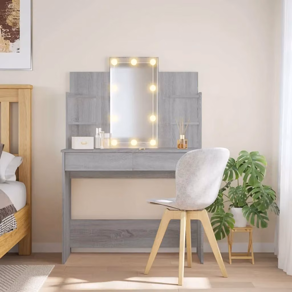 Toeletta con Tavolo da Trucco e Luci LED Grigio Sonoma L: 96 cm, P: 40 cm, H: 142 cm – 2