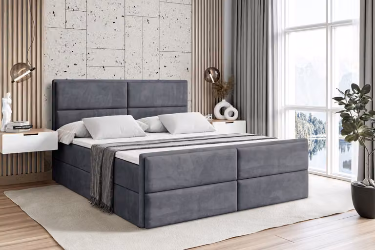 Letto boxspring ALTDECOR con pediera, materasso H3 e topper - 120x200 cm - AURA-Z - Velluto grigio scuro - Letto imbottito con contenitore e rete a doghe, letto con spazio contenitivo