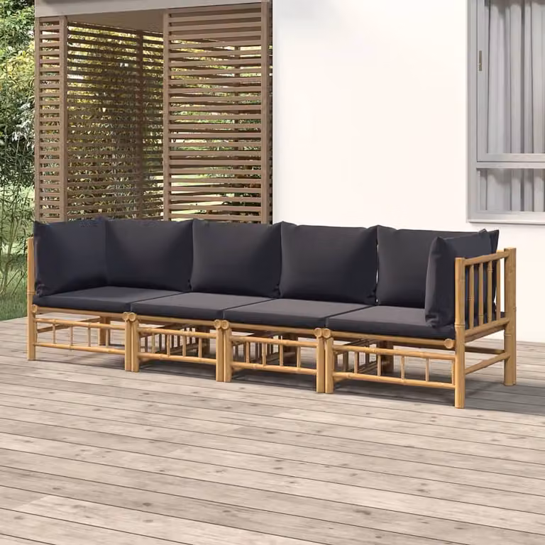 Set Salotto da Giardino vidaXL 4 Pezzi in Bambu con Cuscini Imbottiti Grigio e Marrone