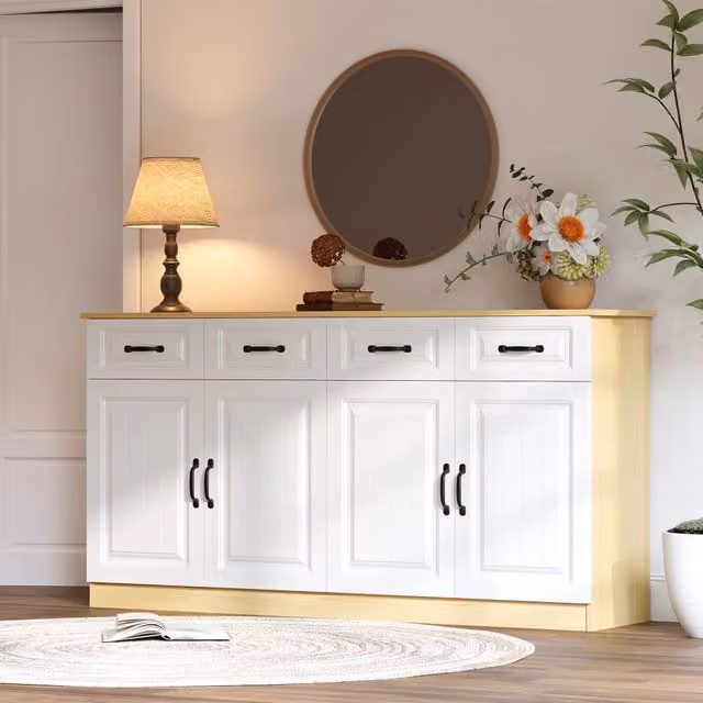 Madia Mivray bianca con 4 ante e 4 cassetti in MDF e maniglie in metallo L: 160 cm, P: 35 cm, H: 80 cm