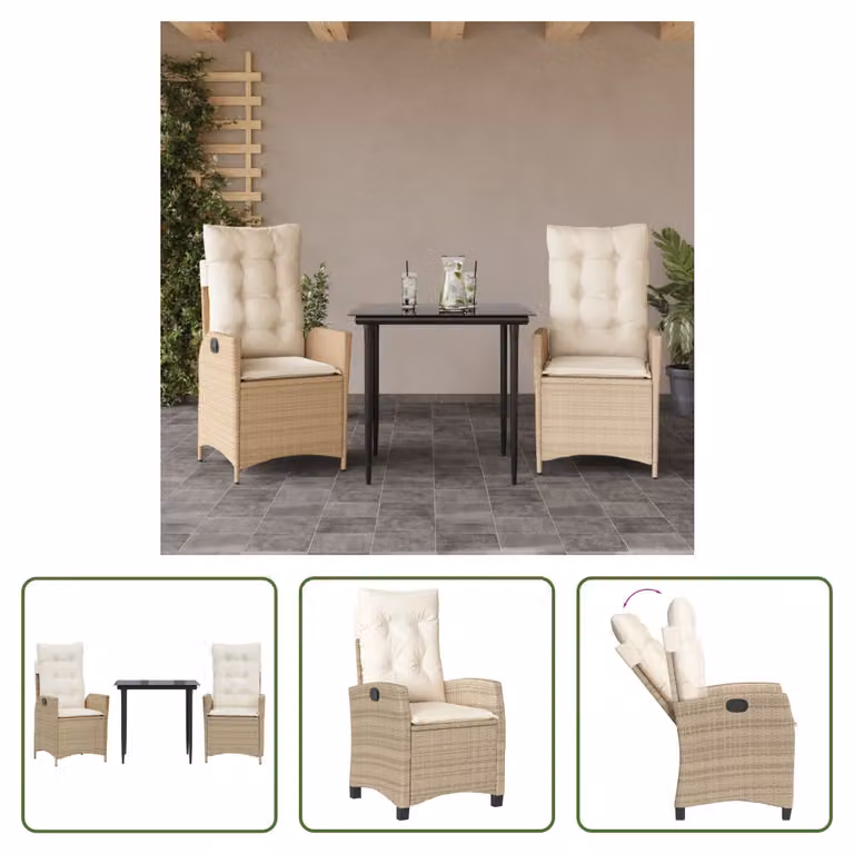 The Living Store Set da pranzo da giardino 3 pezzi con cuscini Beige poly rattan