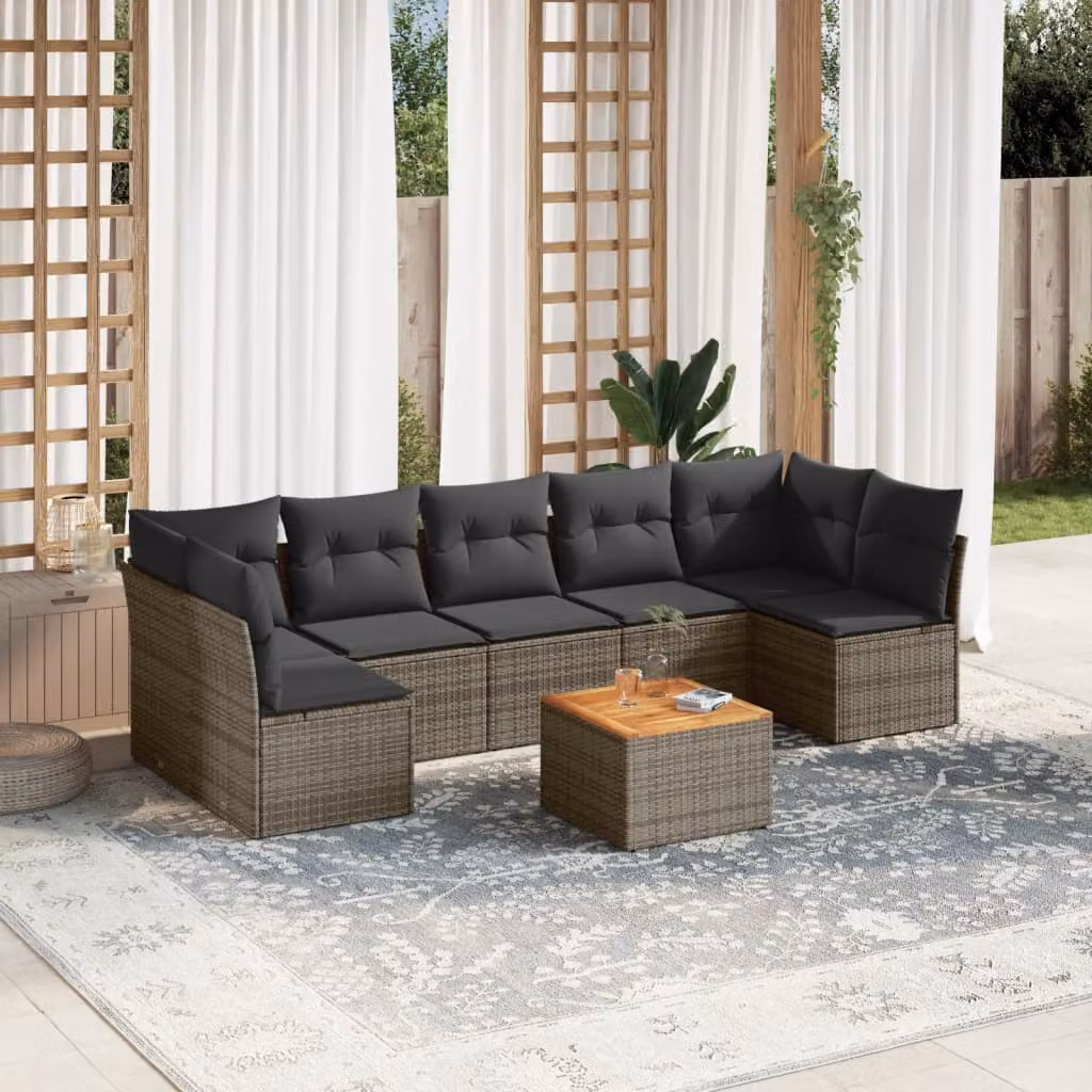 vidaXL Set Divano da Giardino a L 8 pz in Polyrattan Grigio con Cuscini e Tavolino da Caffè – 1