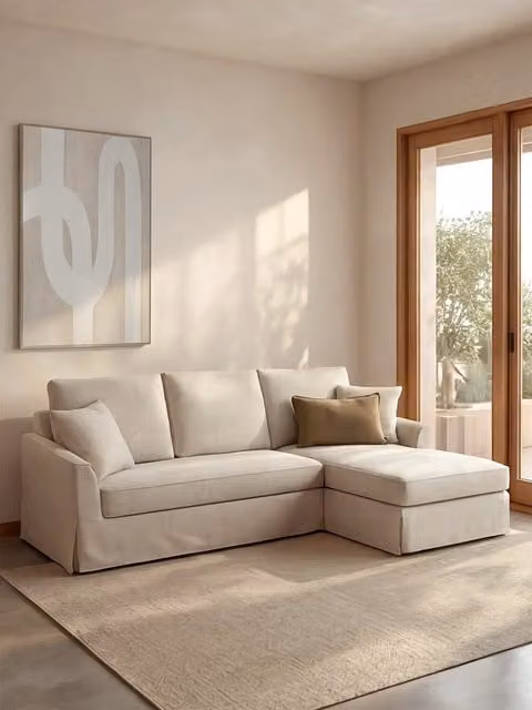 Divano Oreane Kenay Home con chaise longue a destra, sfoderabile, colore beige