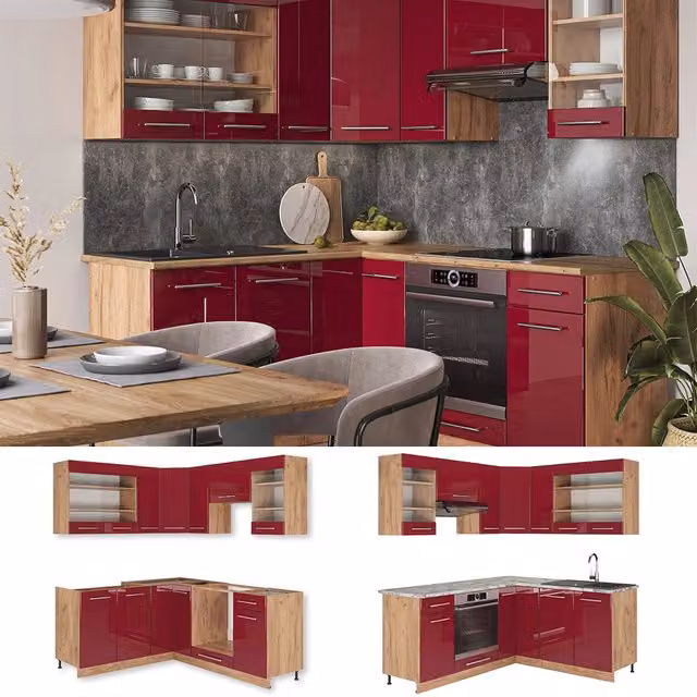 Cucina angolare completa Fame-Line Vicco in Bordeaux lucido e Rovere dorato senza piano di lavoro