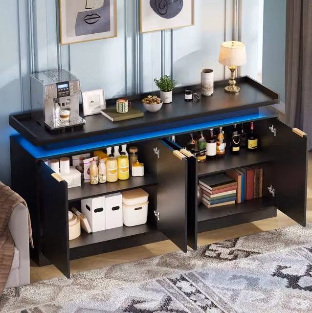 Credenza ULEVR 160x39x83 cm con 4 ante, ripiani aperti e LED RGB controllabile tramite app, nera