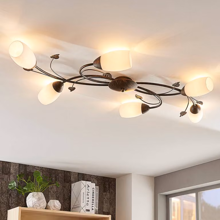 Plafoniera soffitto Stefania Lindby, dimmerabile, Marrone / Ruggine, Soggiorno / Sala da pranzo, Vetro, Antico, Plafoniera
