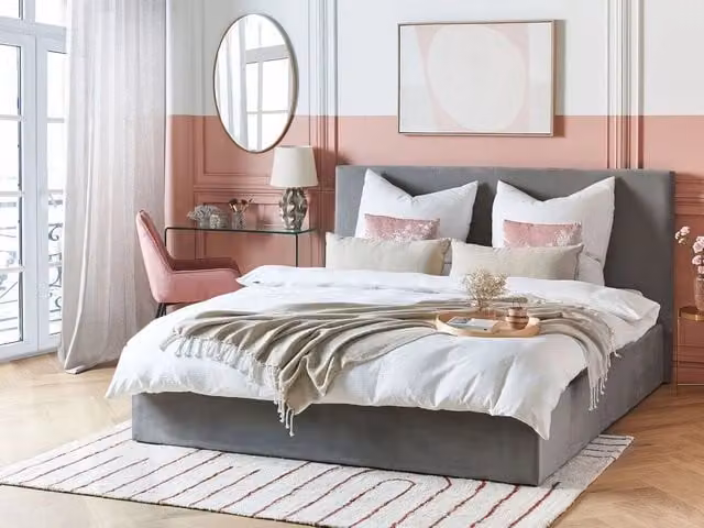 Letto matrimoniale Beliani con contenitore e testiera imbottita in velluto grigio L/P/H: 180 x 200 x 30 cm
