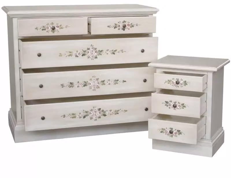 Set composto da una cassettiera e due comodini in stile shabby chic bianco anticato decorato floral Mobili 2G