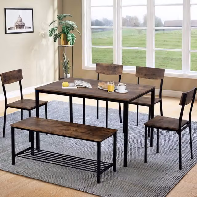 Set da Pranzo con Tavolo, 4 Sedie e Panca in Legno e Acciaio Stile Industriale