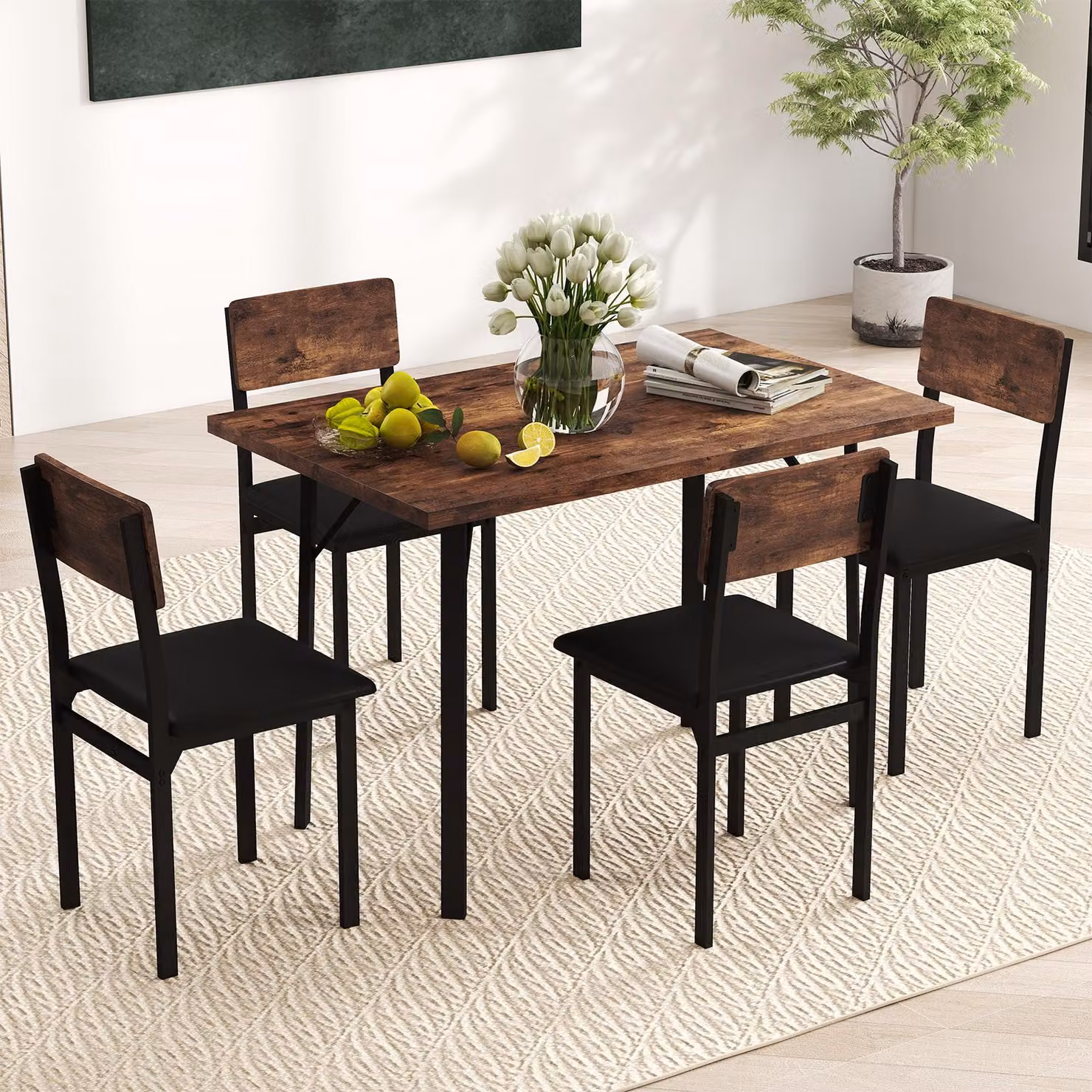 COSTWAY 5 TLG. Set da pranzo, tavolo da pranzo con 4 sedie, tavolo da cucina e sedie da sala da pranzo in Pelle finta, set da sala da pranzo per 4 persone, dinette, vintage