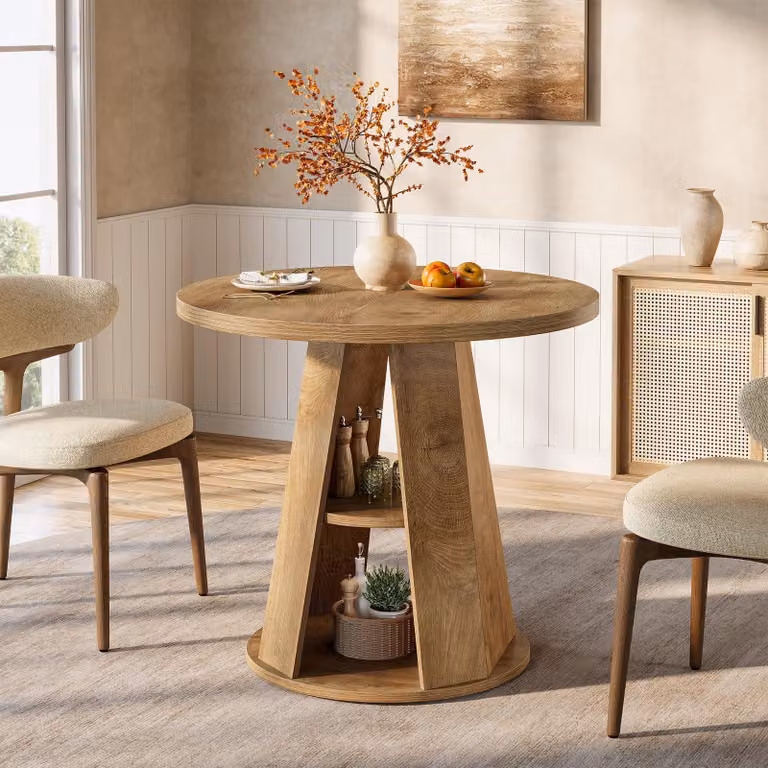 Tribesigns tavolo da pranzo rotondo per 2 persone, 80 cm piccolo tavolo da cucina in stile country in legno con 2 vani portaoggetti, stanze piccole, marrone chiaro