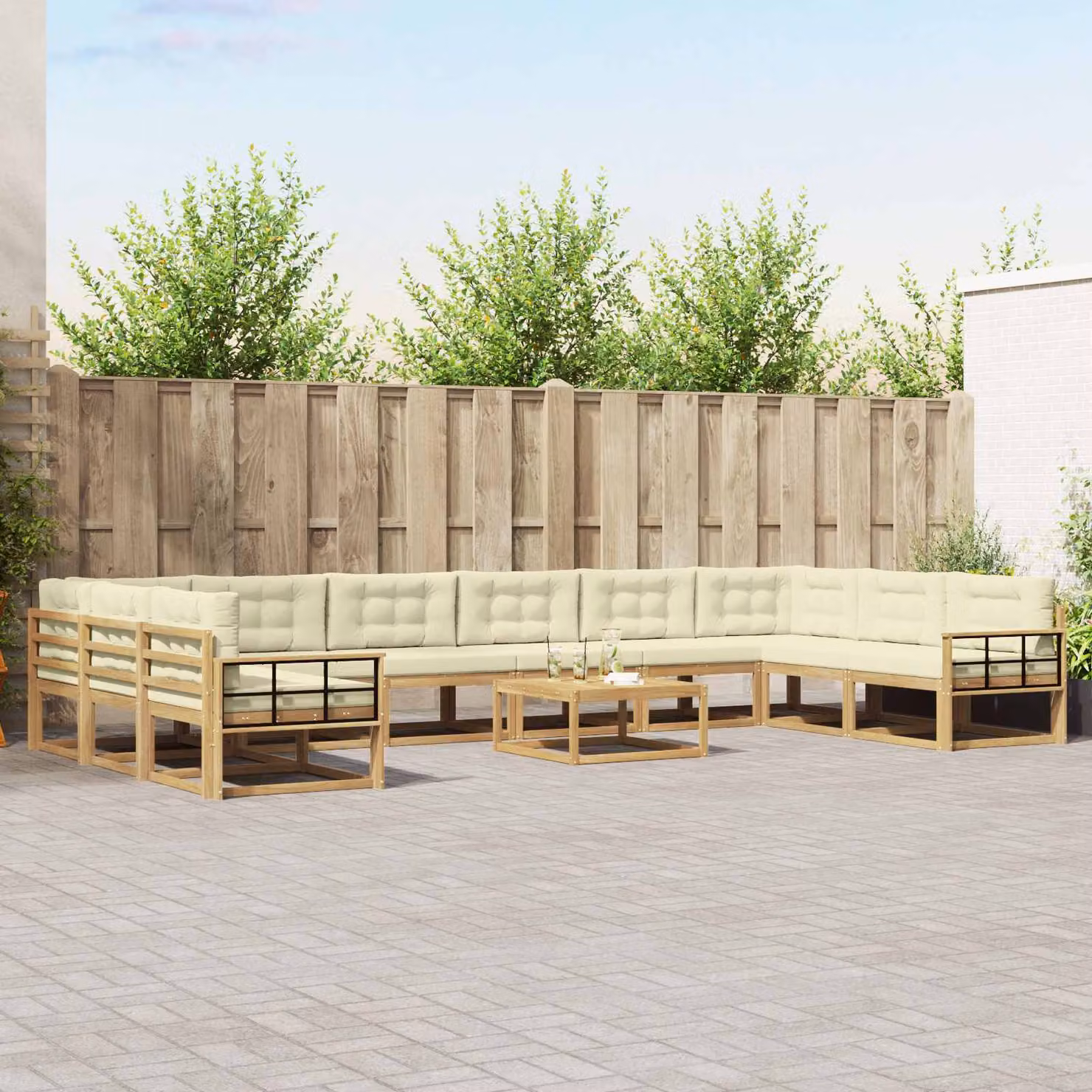 vidaXL Set di divani da esterno a forma di U composto da 11 pezzi in legno di acacia con cuscini in bianco, beige e marrone