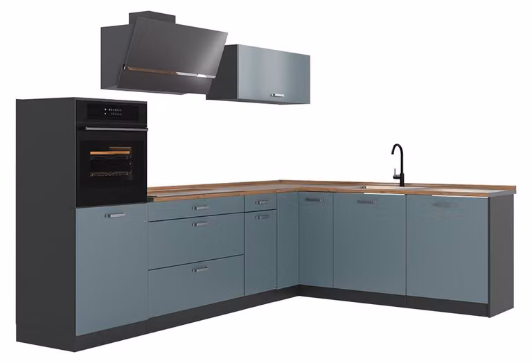 Cucina angolare completa Vicco R-Line Grigio-blu/Antracite 287 x cm piano di lavoro Rovere dorato, Model 67526