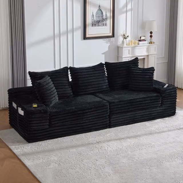 Divano letto combinabile Mivray in tessuto a coste nero con schienale alto, tasche laterali portabevande e cuscini inclusi – 1