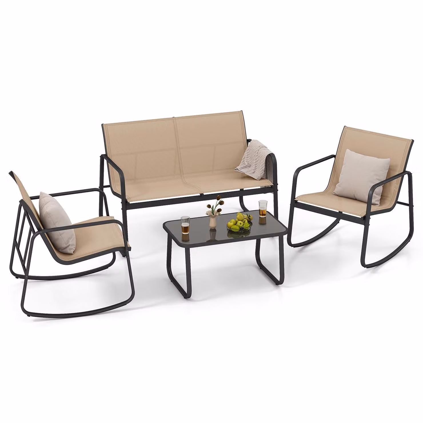 COSTWAY Set di 4 pezzi da giardino, mobili da patio con dolce movimento a dondolo, 2 sedie, panca e tavolo, gruppo di sedute per 4 persone, set da giardino marrone