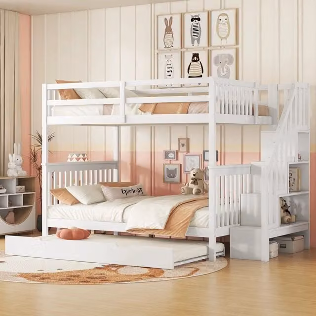 Letto a castello MINIMAL con scaletta e letto estraibile in legno e MDF, colore bianco, L 140 cm x P 200 cm