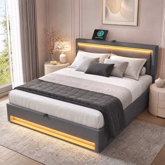 Letto imbottito 140x200 cm con USB; LED e contenitore; PU; grigio