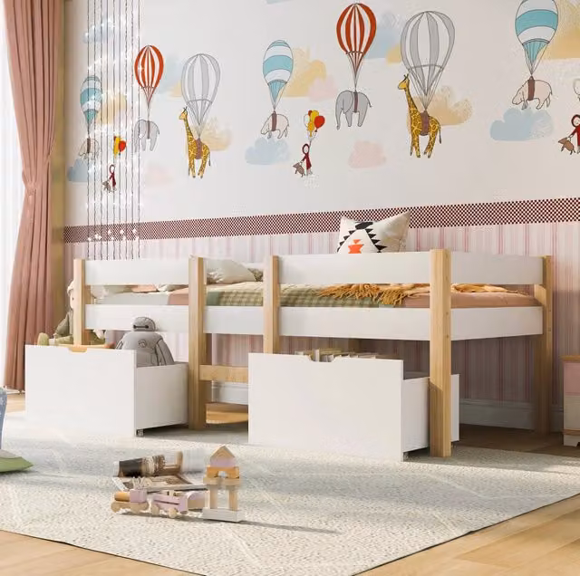 Letto semi-alto ULEVR 90x200 cm con 2 cassetti, scala e protezione anticaduta, legno massello bianco e rovere