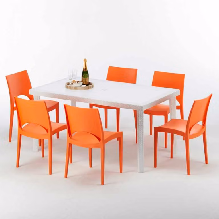 Tavolo rettangolare bianco e 6 sedie Set di bastoni da esterno in polipropilene colorato Grand Soleil Paris Summerlife - Arancione