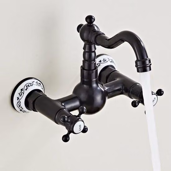 Rubinetto da cucina a parete, stile antico, in bronzo – montaggio a parete con due manopole, bocchetta girevole da 200 mm, in ottone, altezza totale 175 mm, altezza della bocchetta 130 mm