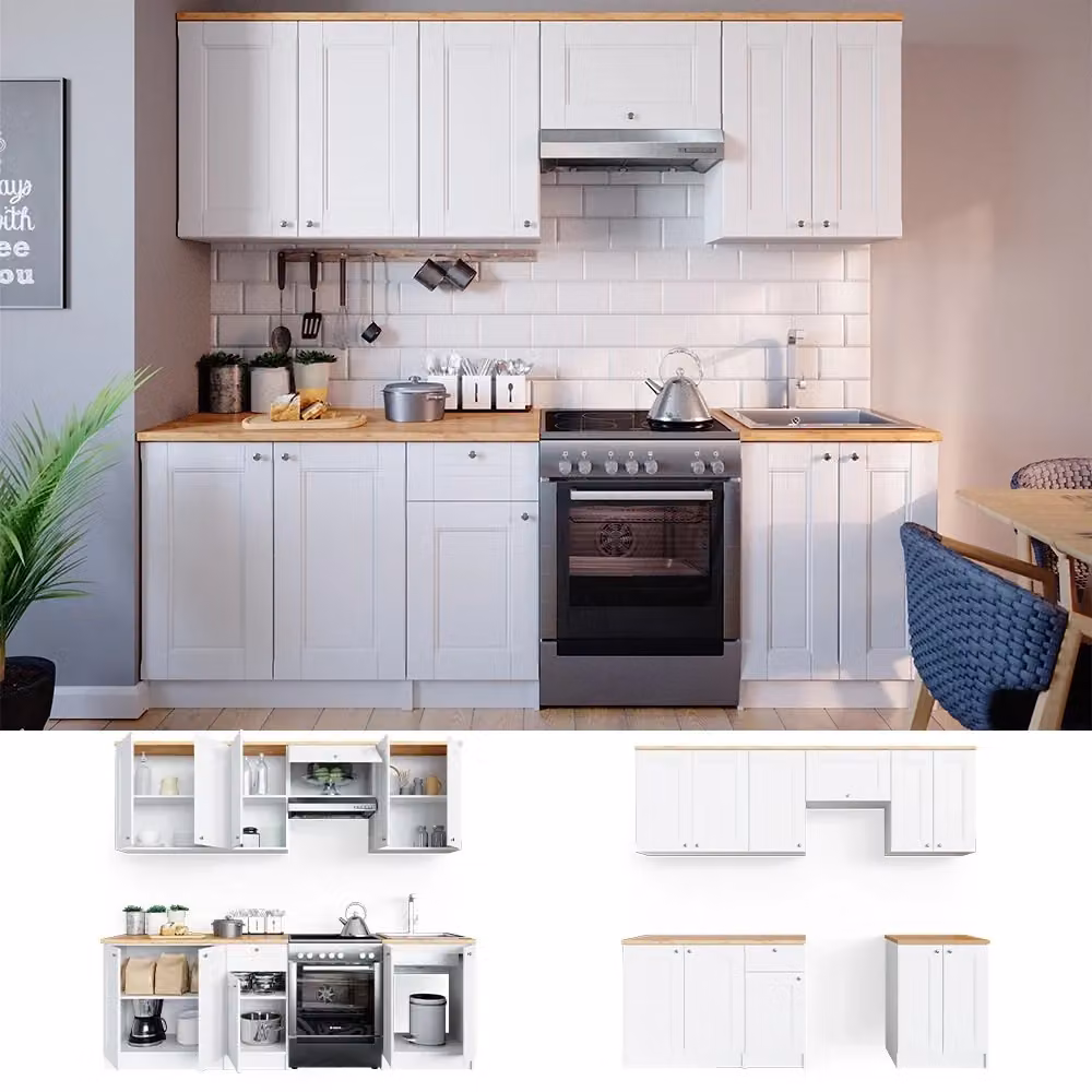 Cucina componibile Bergamo Vicco Bianco e Rovere dorato con striscia LED, L: 240 cm – 2