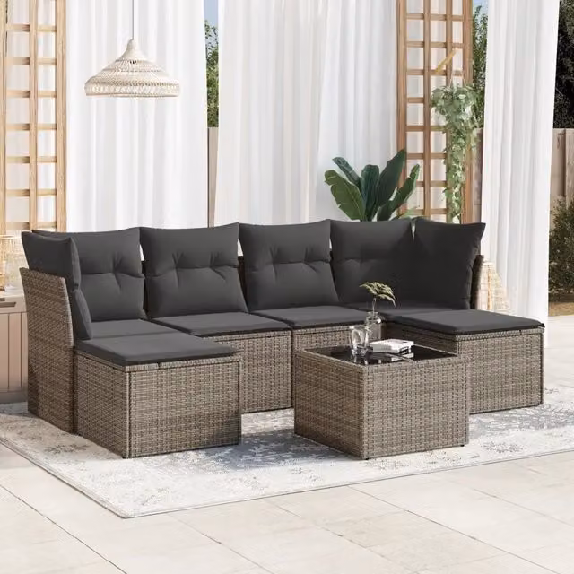Set di divani da giardino a L VIDAXL in polyrattan grigio con cuscini, 7 pezzi
