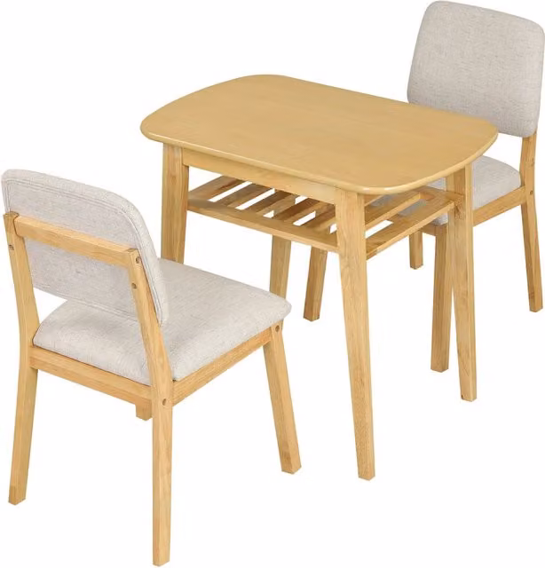 Set tavolo e 2 sedie in legno e sedie imbottite con schienale inclinato, Tavolo pranzo con ampio piano per sala da pranzo balcone e soggiorno Naturale