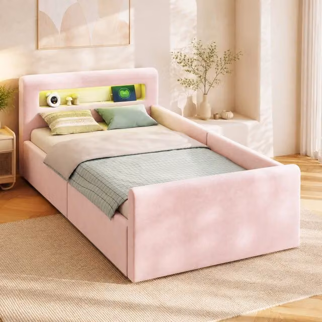 Letto singolo con contenitore Mivray in velluto rosa con luce LED e porta USB, L/P/H: 90 x 200 x 107,5 cm