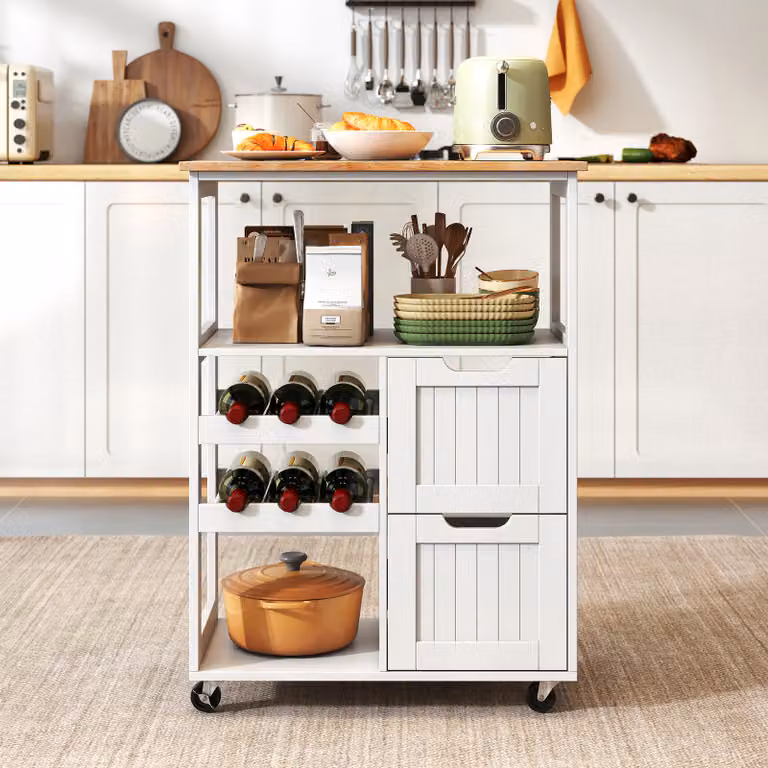 Carrello da cucina e servizio Costway con portabottiglie, Bianco, con ruote e struttura in metallo e MDF