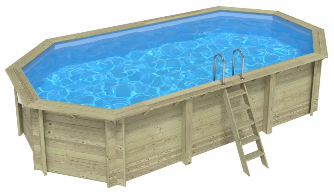 Piscina in legno NEMO 7.3 x 3.97 - H.1.45 m, azzurro chiaro, con supporti fissati al calcestruzzo