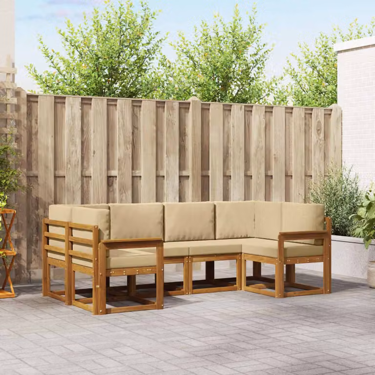 Set di divani da esterno vidaXL a forma di L composto da 6 pezzi in legno di acacia con cuscini beige e marrone