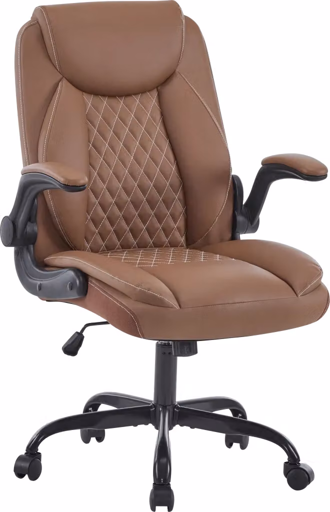 Sedia da ufficio ergonomica OKWISH in pelle sintetica marrone con braccioli e rotelle per home office – 2
