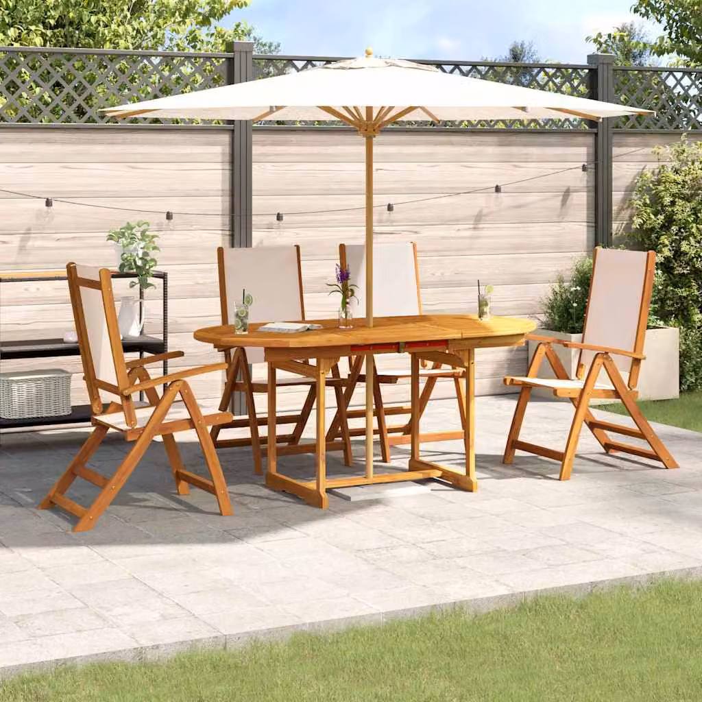 Set Pranzo da Giardino vidaXL in Legno di Acacia e Textilene, 5 Pezzi, Marrone e Beige, Tavolo Rettangolare Estensibile con Piano a Farfalla