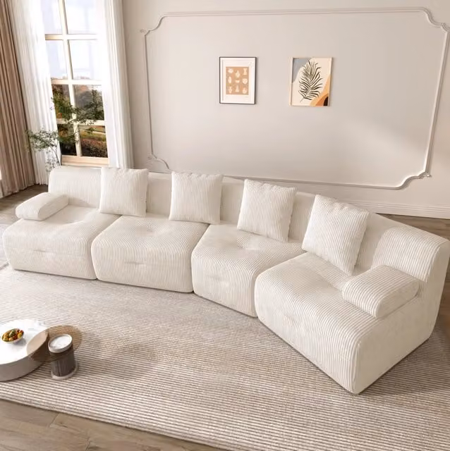Divano modulare 4 posti in velluto a coste; 4 moduli; 311 x 90 x 65 cm; beige chiaro