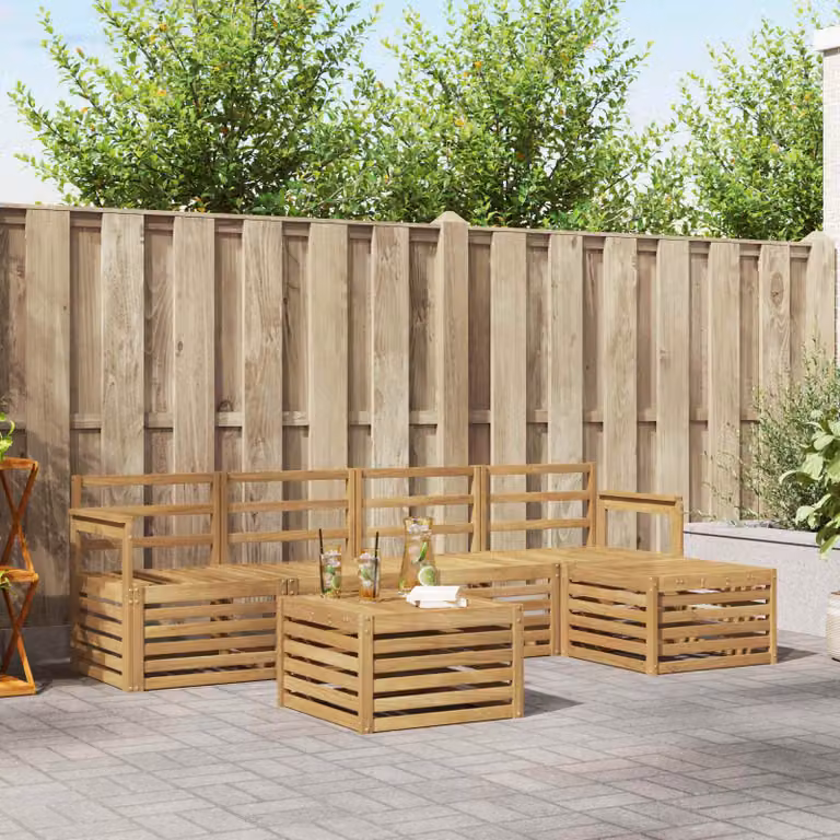 Set di divani da esterno vidaXL a forma di L in legno di acacia con cuscini bianchi e marroni per giardino e terrazza