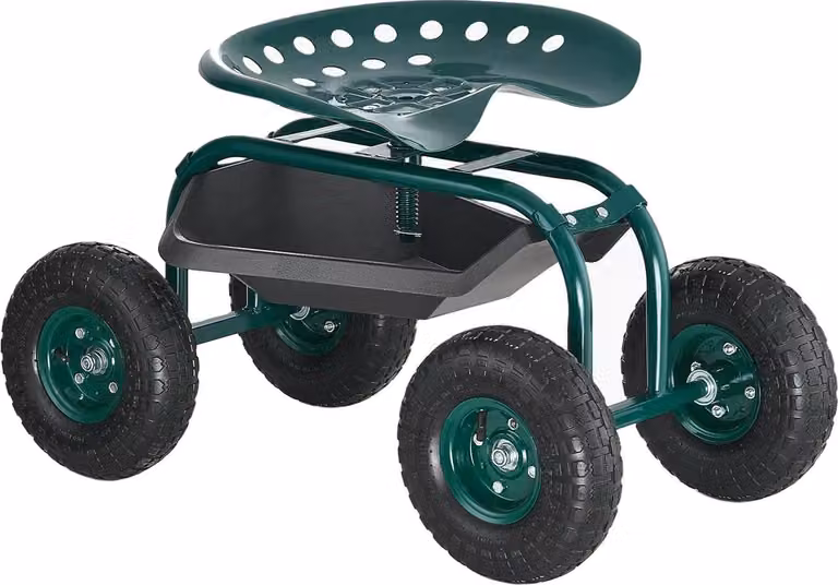 Carrello da giardino, design ergonomico, ampio spazio di stivaggio, con sedile girevole