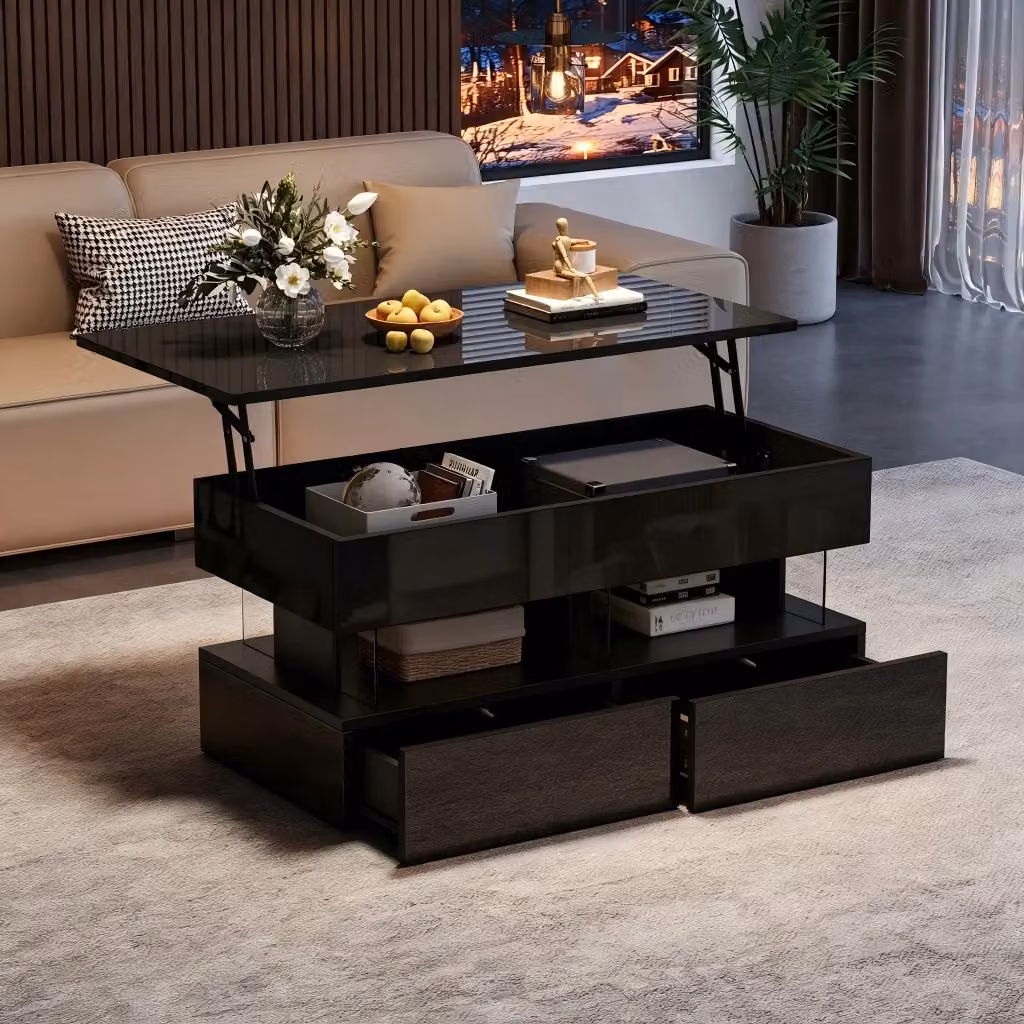 Tavolino da caffè moderno WISHDOR nero con piano in vetro e meccanismo sollevabile L: 100 cm, P: 50 cm, H: 46 cm – 2