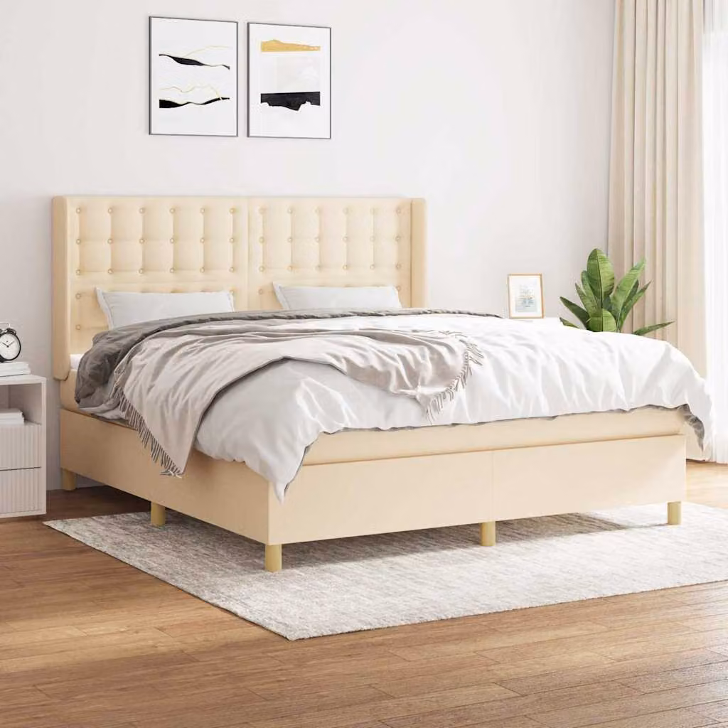 vidaXL Giroletto a Molle con Materasso Ibrido in Tessuto Beige e Bianco L/P: 160 x 200 cm