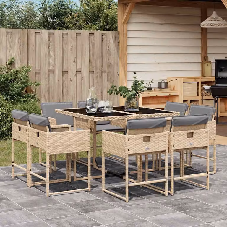 Set Pranzo da Giardino vidaXL in Polyrattan con Cuscini Beige e Grigio, 9 Pezzi