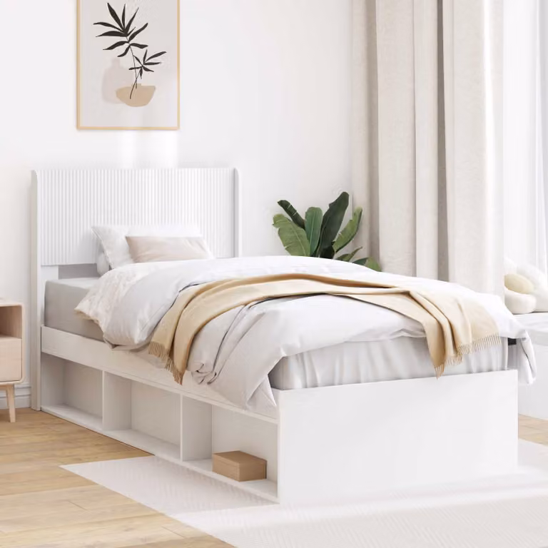 vidaXL Struttura letto moderna con contenitore e testata in legno bianco L/P/H: 203 x 100 x 140 cm