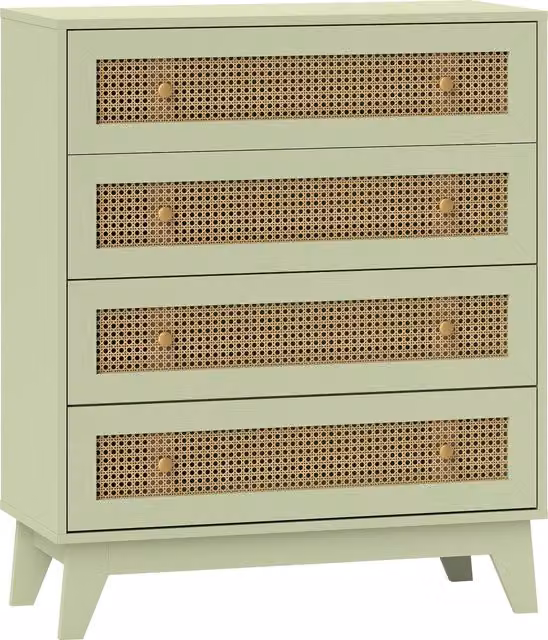 Cassettiera HOMCOM con 4 cassetti in legno ed effetto rattan, colore verde, L: 80 cm, P: 35 cm, H: 95 cm