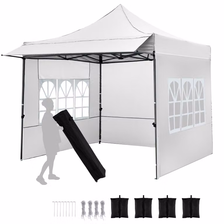 Gazebo COSTWAY 3x3 m, gazebo da giardino pop-up con 3 pareti laterali, 4 sacchi di sabbia e borsa con rotelle; gazebo pieghevole con 3 livelli di regolazione in altezza; tenda per feste e protezione dal sole