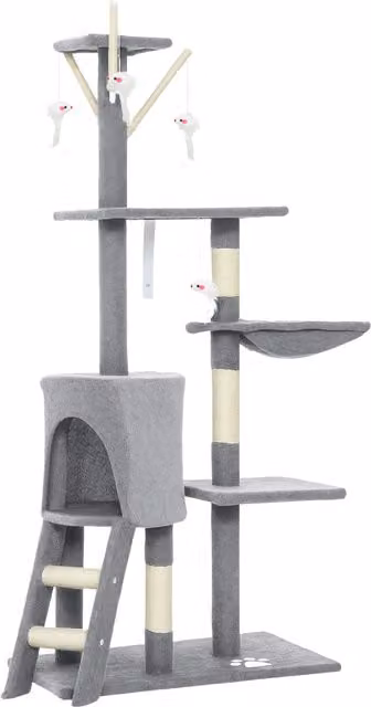 Albero per gatti PawHut grigio con amaca, grotta, scala e 3 pali in sisal, altezza 134 cm – 1