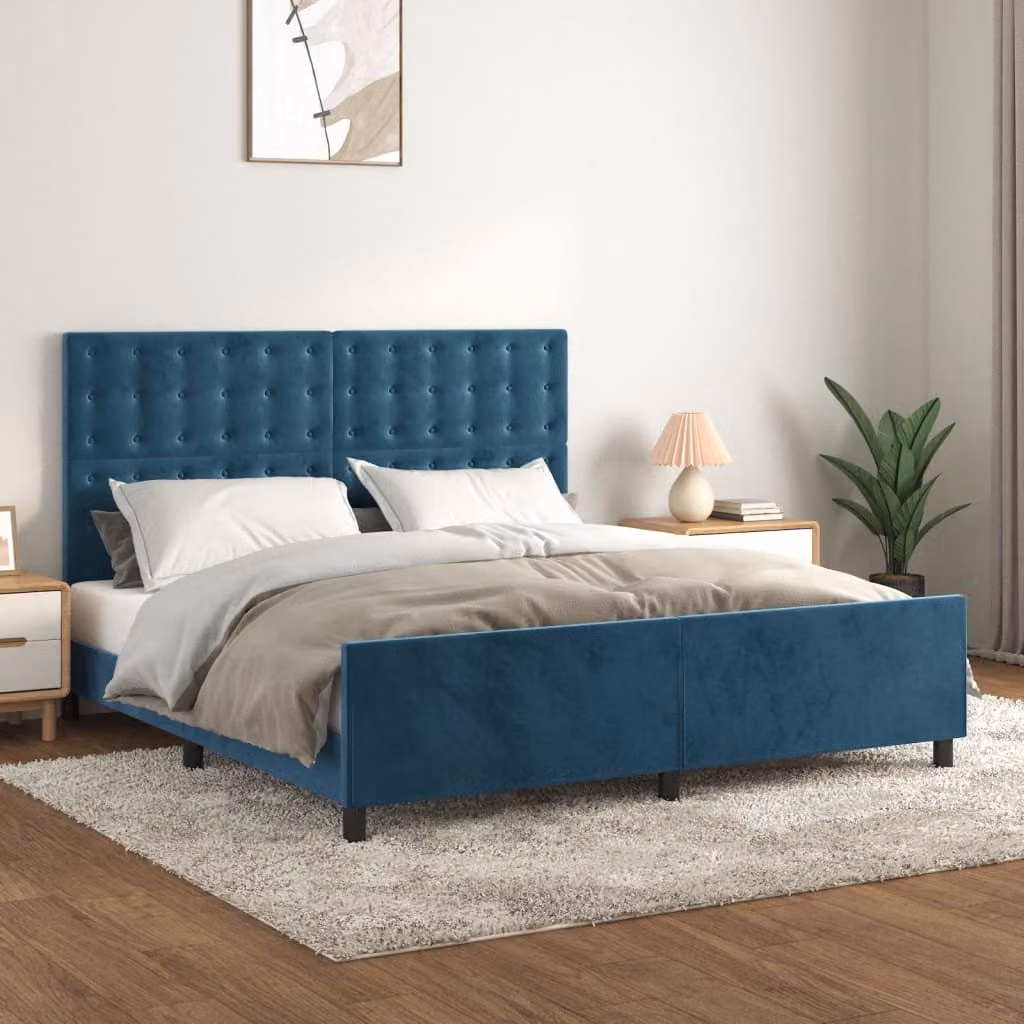 The Living Store Struttura letto con testiera in velluto blu scuro 160x200 cm