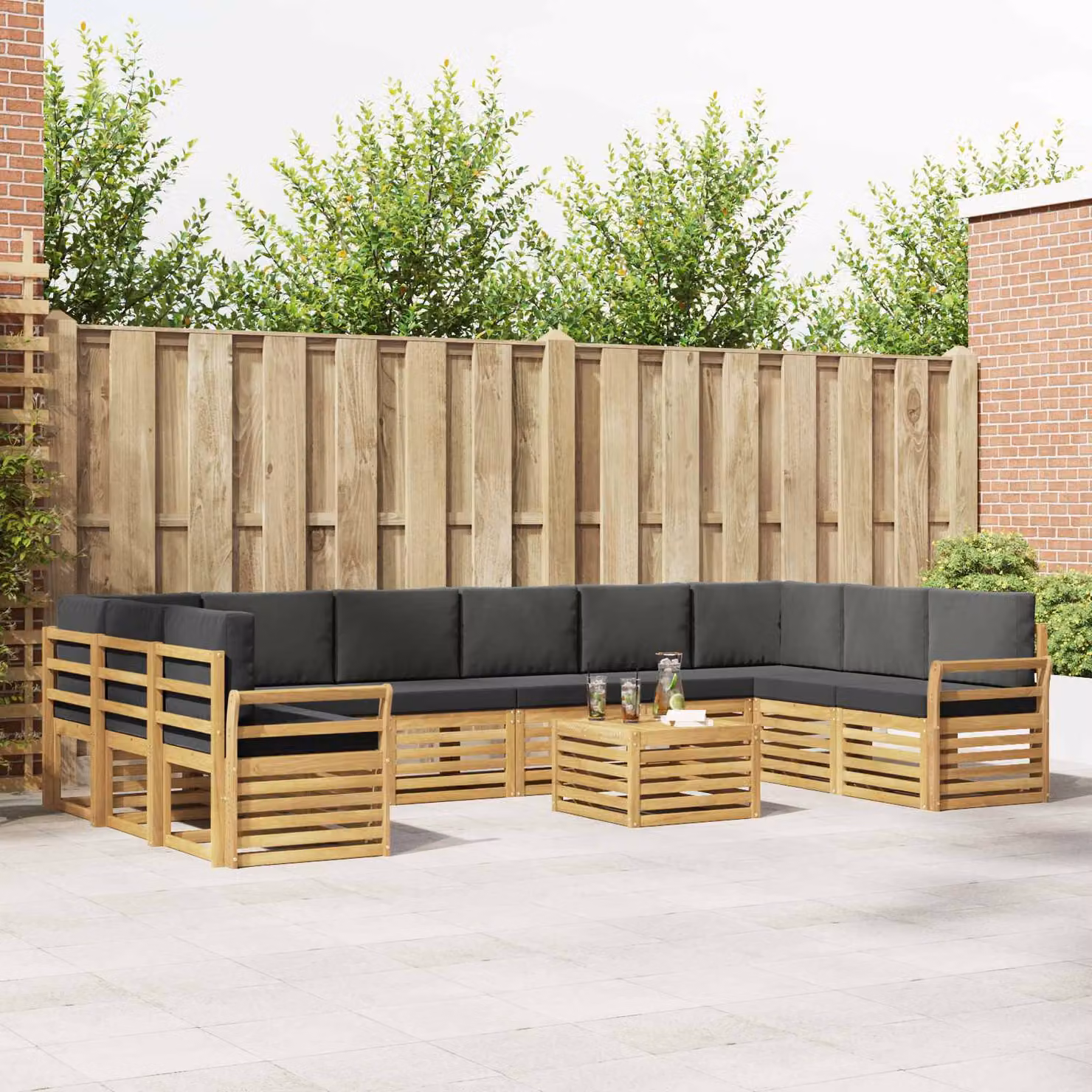 Set di divani da esterno vidaXL 11 pezzi a forma di L con tavolino, in legno di acacia trattato e tessuto poliestere bianco e antracite