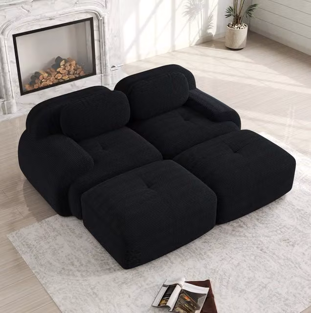 Divano angolare modulare in velluto a coste nero 208x178x70 cm senza struttura