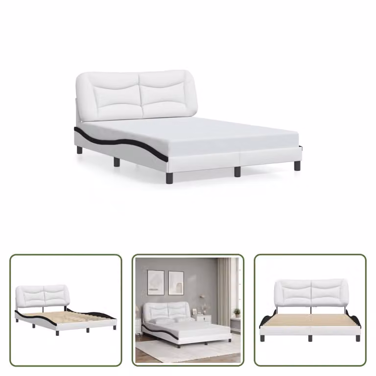 The Living Store Struttura letto con testiera bianca e nera 140x190 cm in ecopelle