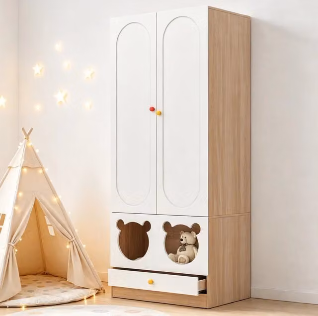 Armadio per cameretta con asta appendiabiti e cassetti; MDF; naturale e bianco; 80 × 50 × 200 cm
