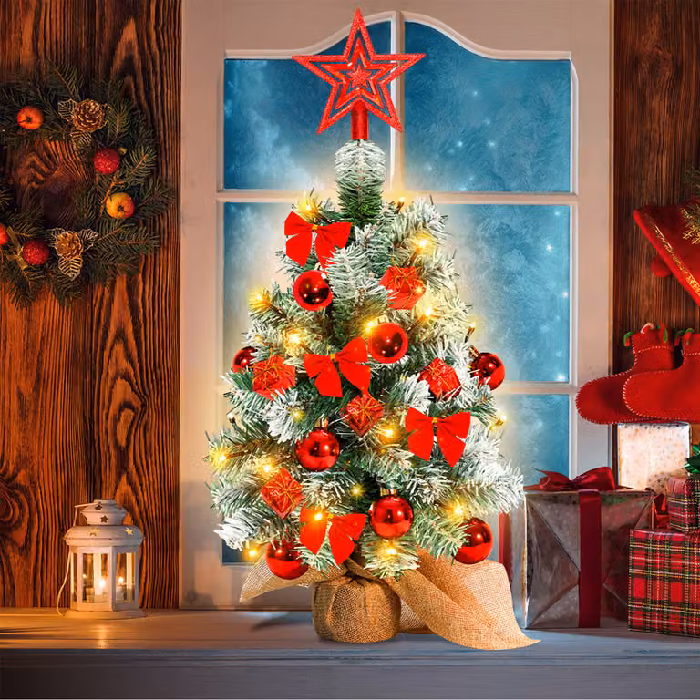 Jopassy Mini Albero di Natale Artificiale Albero di Natale con Palla di Natale, Piccolo Fiocco e Luci LED 40cm
